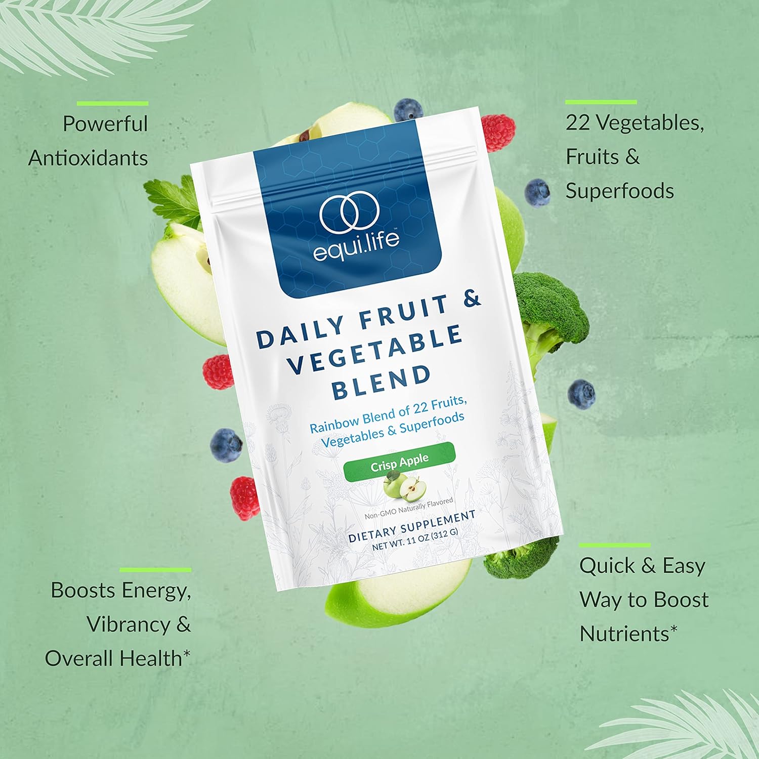 Equilife Daily Fruit and Vegetable Blend Supplement with Vitamin C and Amino Acids - Crisp Apple Flavor, Vegan, Non-GMO - 30 Servings
