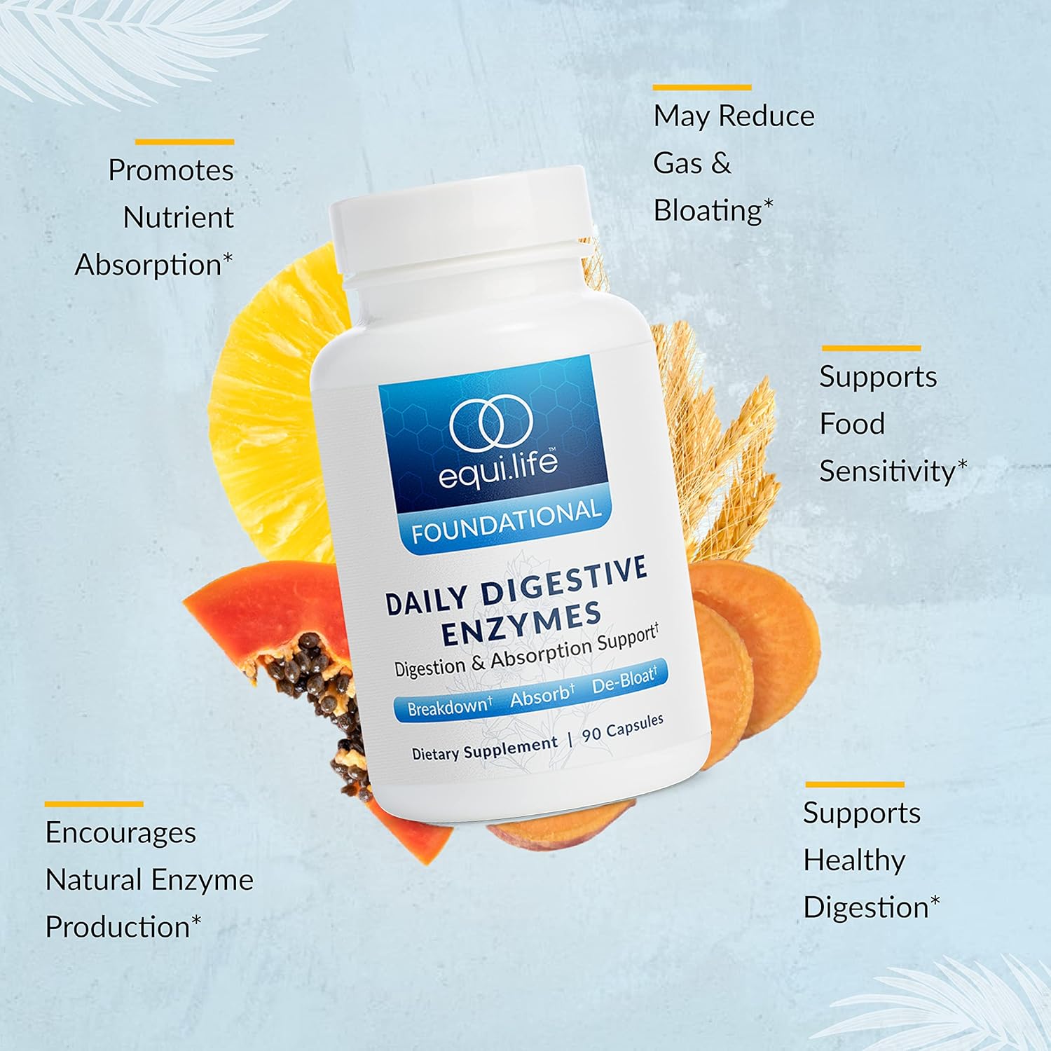 Equilife Digestive Enzyme Supplement for Gut Health - Aid Bloating, Gas Relief, Nutrient Absorption - Formulated for Food Sensitivity (90 Servings)