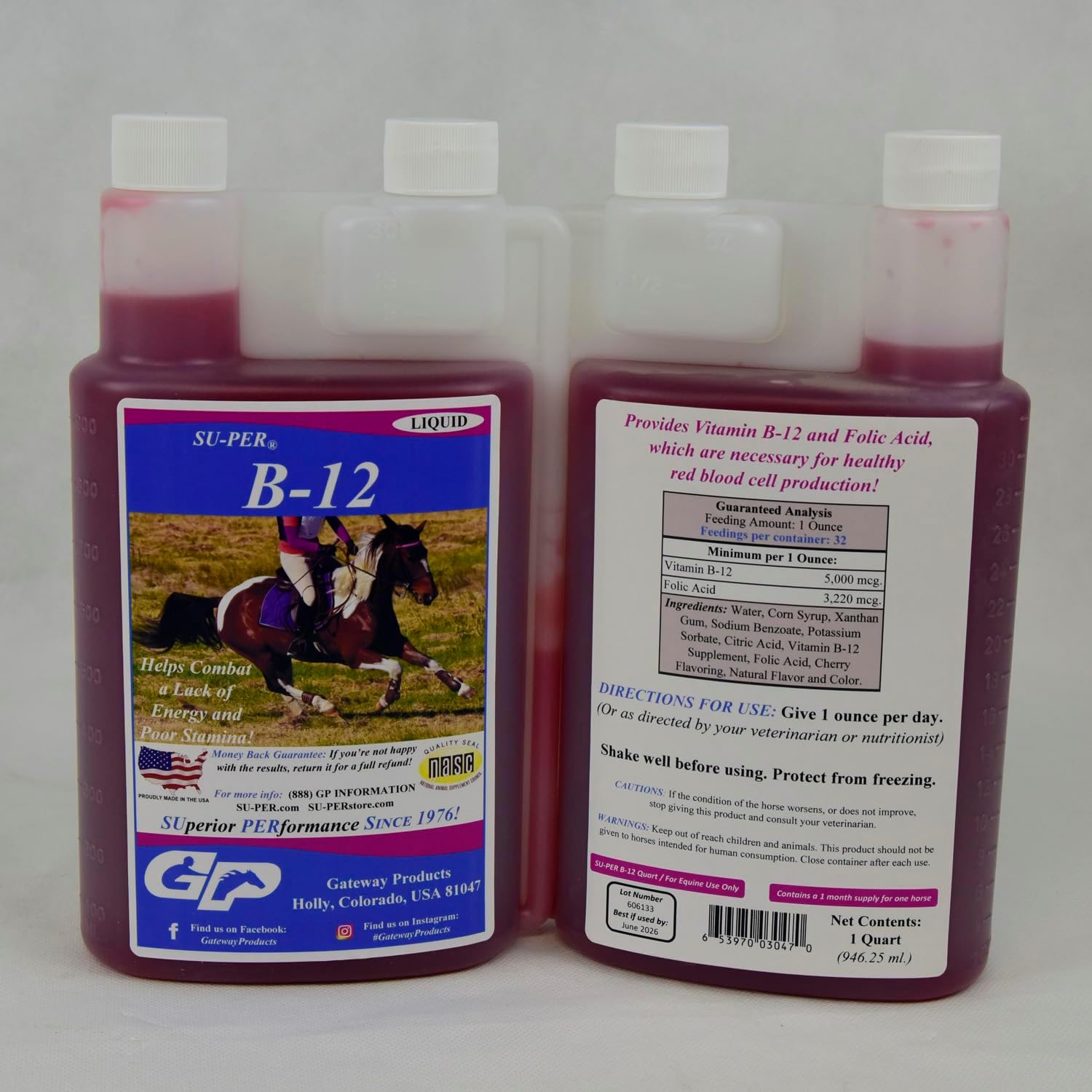 Equine B-12 Energy Supplement with Folic Acid for Red Blood Cell Production and Stamina - Quart, (2 Pack)