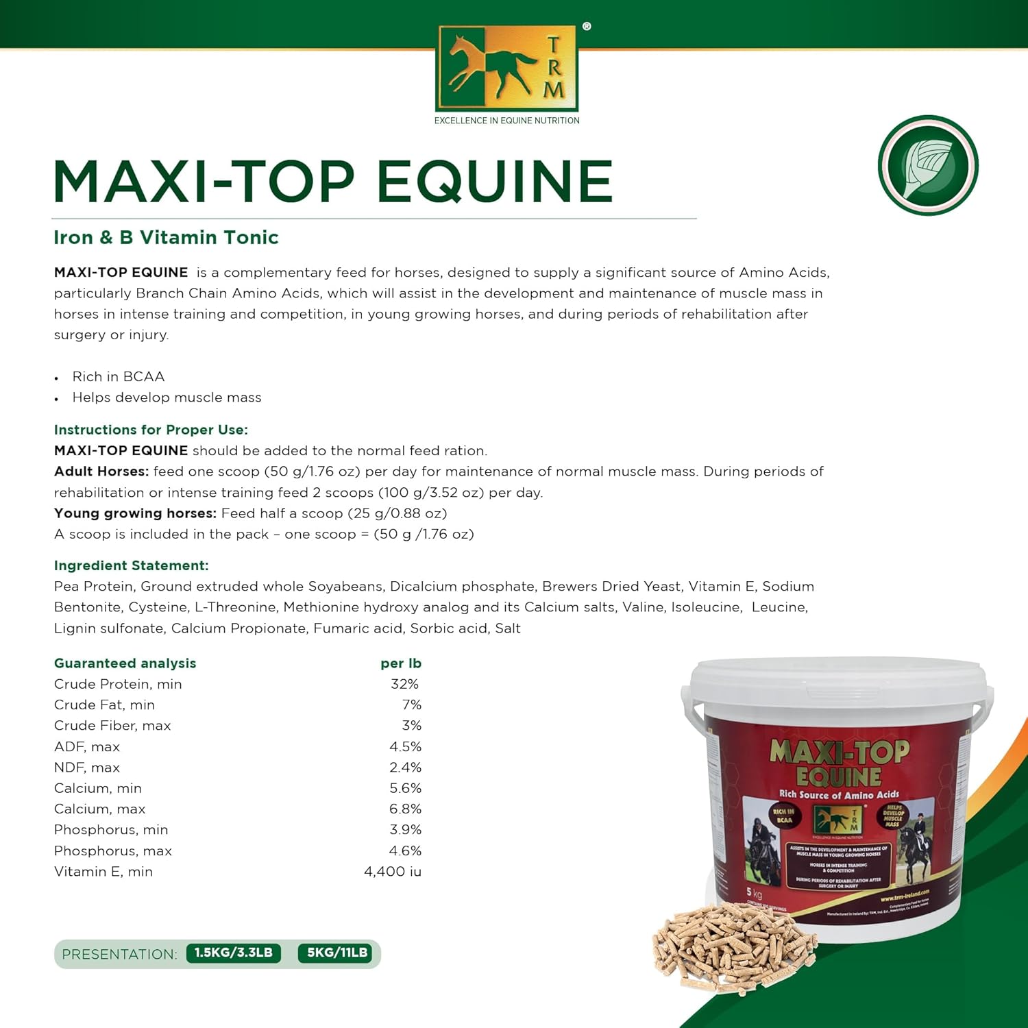 Equine Muscle Growth Supplement with Protein, Vitamin E, Amino Acids - 3.3 lb (1.5 Kg)