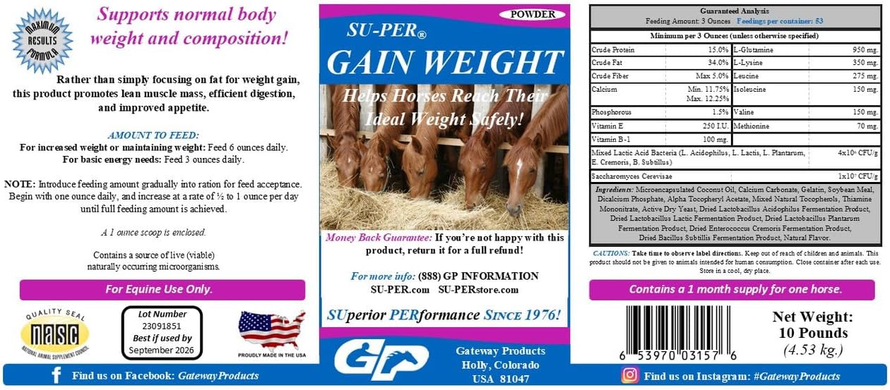 Equine Weight Gain Supplement - Promotes Lean Muscle & Digestion - 10lb Supply for Horses