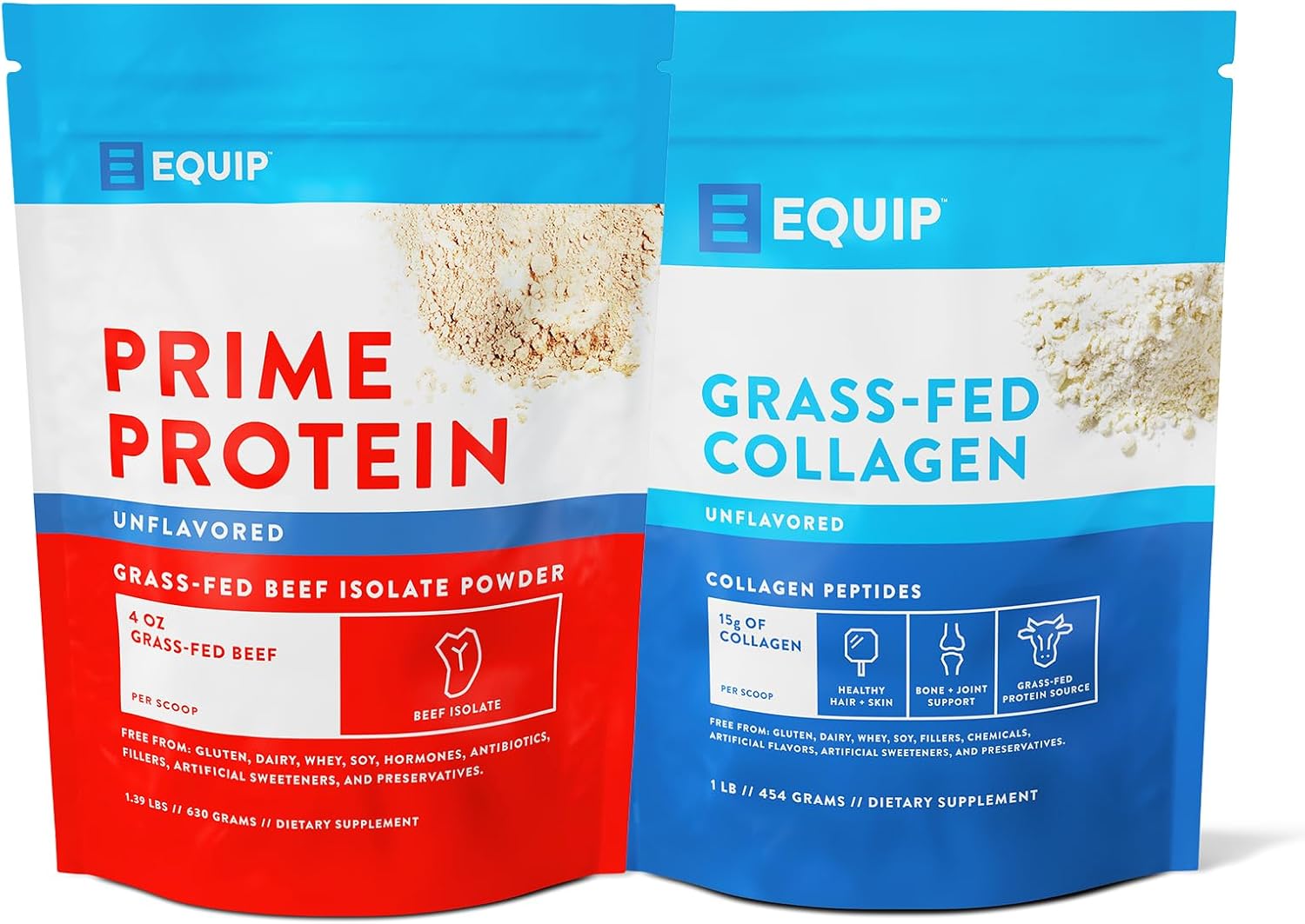 Equip Foods Prime Protein and Collagen Powder Bundle - Unflavored, Keto-Friendly, Grass-Fed Beef Protein Powder - 20g Protein, 0g Sugar, Gluten-Free, Dairy-Free, Non-GMO - 30 Servings