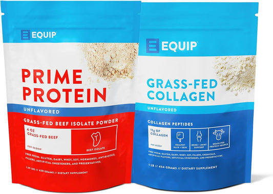 Equip Foods Prime Protein and Collagen Powder Bundle - Unflavored, Keto-Friendly, Grass-Fed Beef Protein Powder - 20g Protein, 0g Sugar, Gluten-Free, Dairy-Free, Non-GMO - 30 Servings