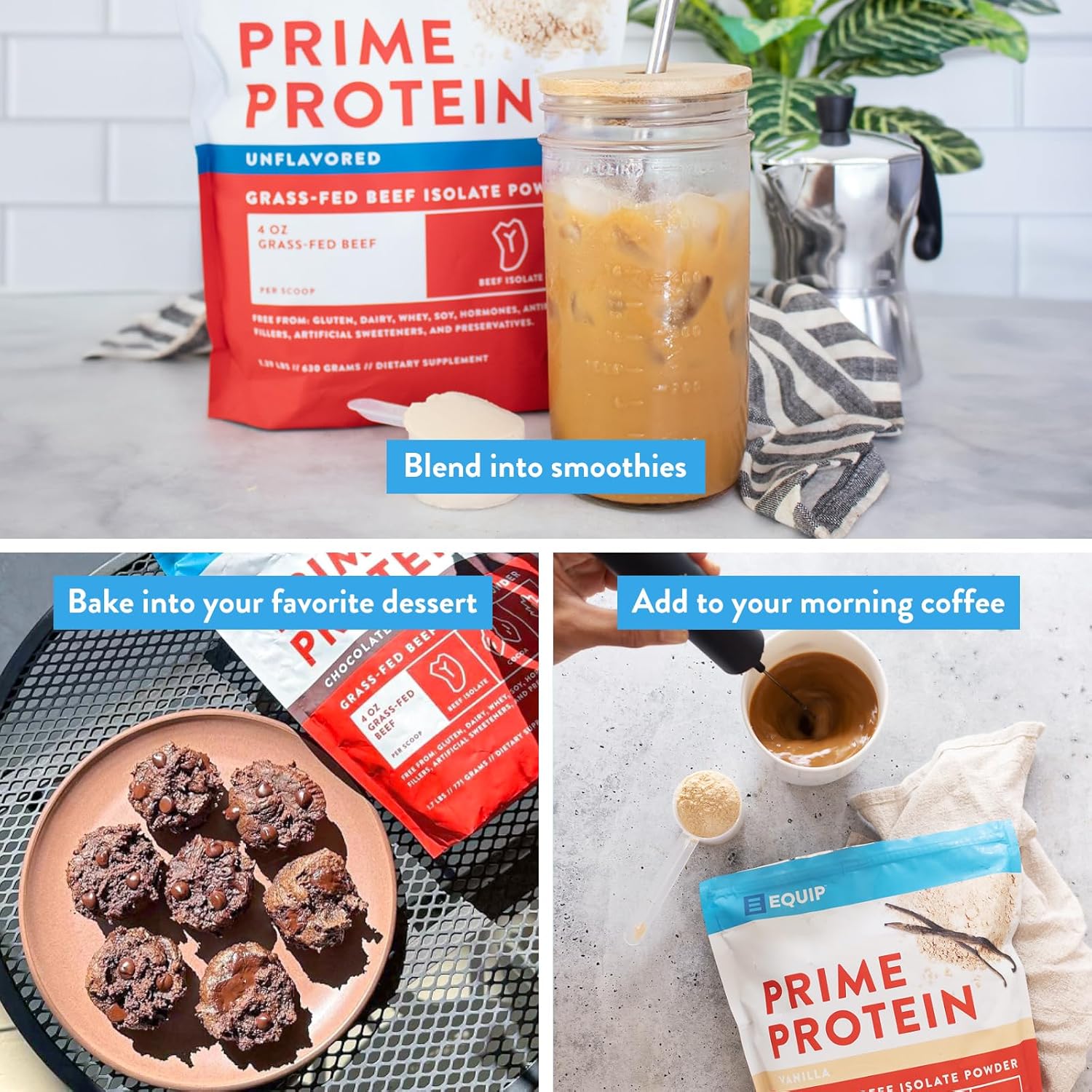 Equip Foods Prime Protein and Collagen Powder Bundle - Unflavored, Keto-Friendly, Grass-Fed Beef Protein Powder - 20g Protein, 0g Sugar, Gluten-Free, Dairy-Free, Non-GMO - 30 Servings
