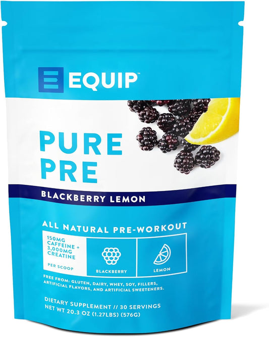Equip Foods Pure Pre-Workout Powder with Green Tea Caffeine & Essential Nutrients - Boost Workouts Naturally - 30 Servings, BlackBerry Lemon Flavor