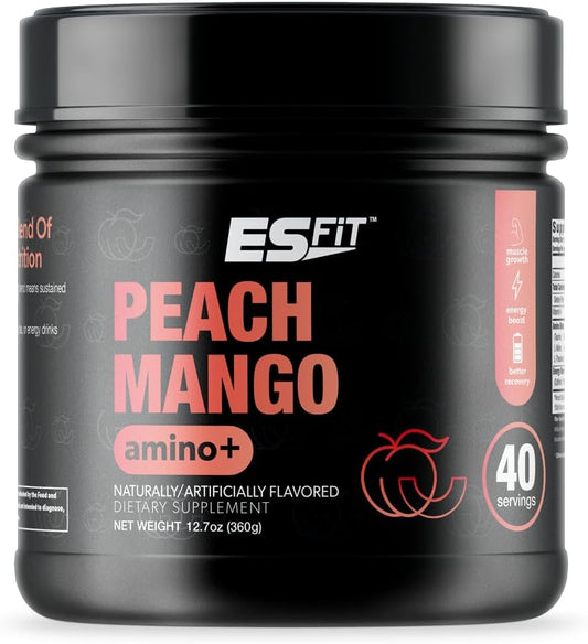 ES FIT Amino+ Powder - Pre and Post Workout Blend with Caffeine and Green Tea Extract - BCAA and Amino Acids Formula, Zero Sugar, Low Calorie, 40 Servings (Peach Mango Flavor)
