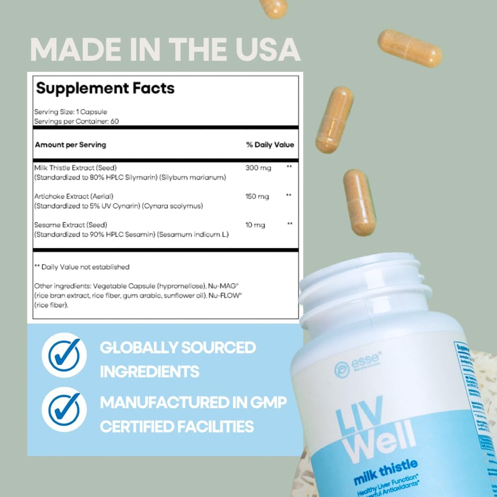 ESSE Vegan Milk Thistle Supplement with Sesame and Artichoke Extract - 80% Silymarin for Liver Cleanse & Healthy Skin - 60 Capsules, HPLC Tested for Purity