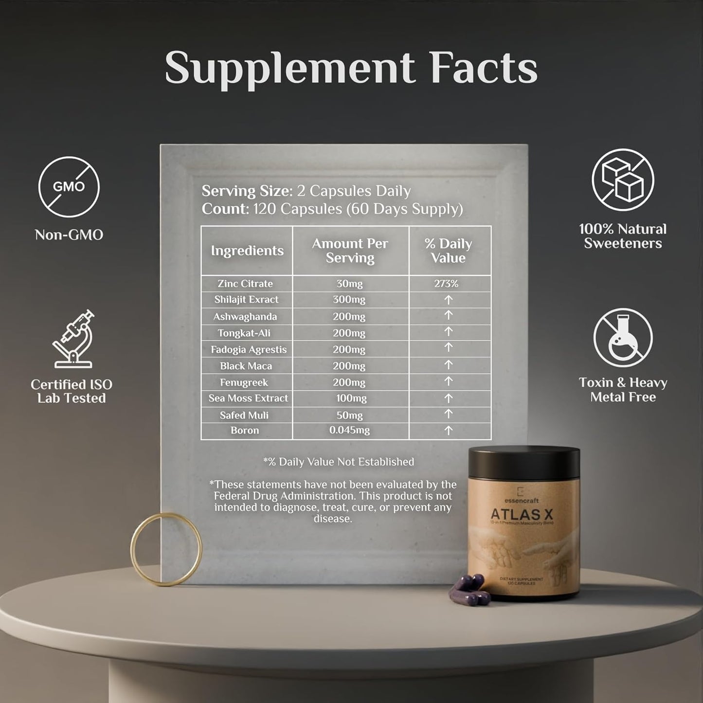 Essencraft ATLAS X 10-in-1 Men's Energy and Strength Supplement with Shilajit & Ashwagandha - 2 Month Supply