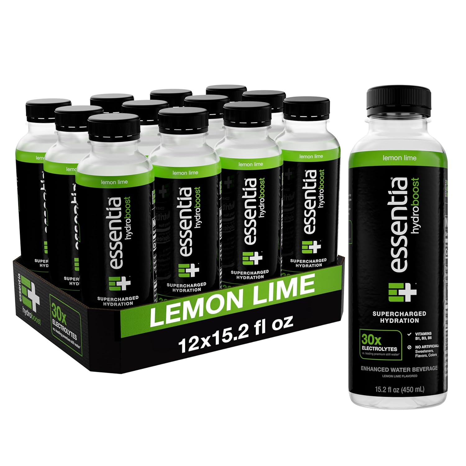 Essentia Hydroboost Enhanced Bottled Water, Lemon Lime Flavor, 15.2 fl. oz., 12 Pack - Supercharged Hydration with B-Complex Vitamins