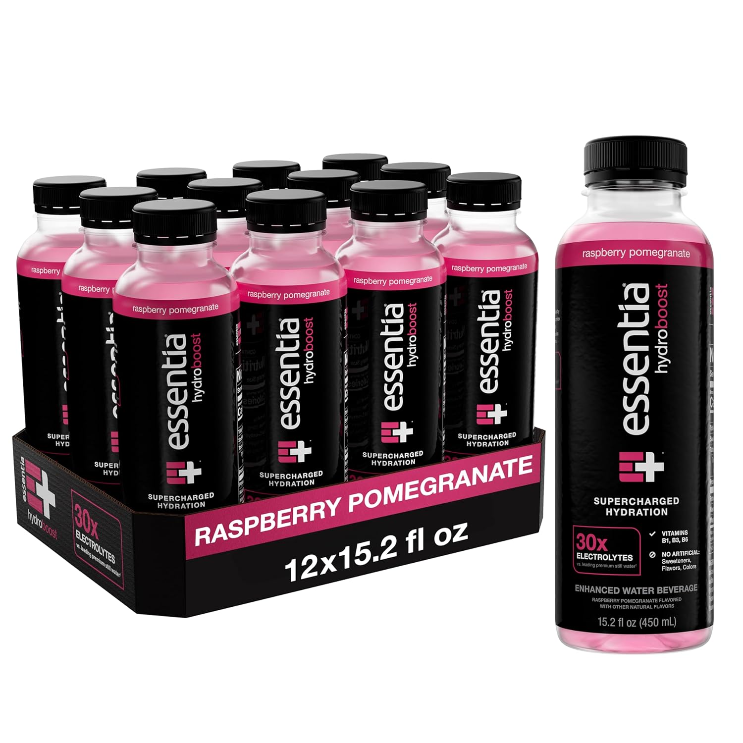 Essentia Hydroboost Raspberry Pomegranate Bottled Water 15.2 fl oz 12 Pack - Enhanced with B-Complex Vitamins & Electrolytes for Supercharged Hydration