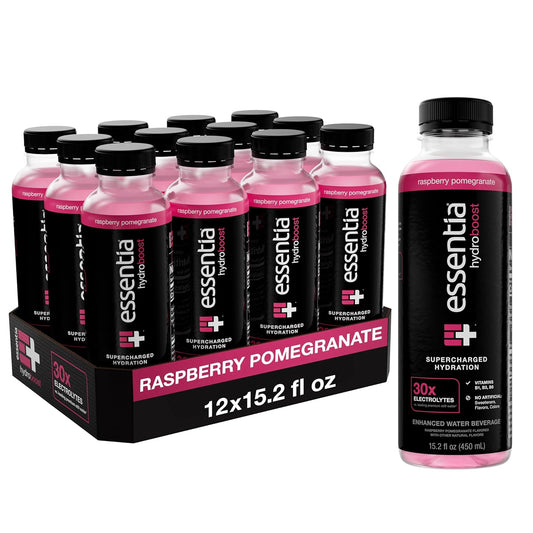 Essentia Hydroboost Raspberry Pomegranate Bottled Water 15.2 fl oz 12 Pack - Enhanced with B-Complex Vitamins & Electrolytes for Supercharged Hydration
