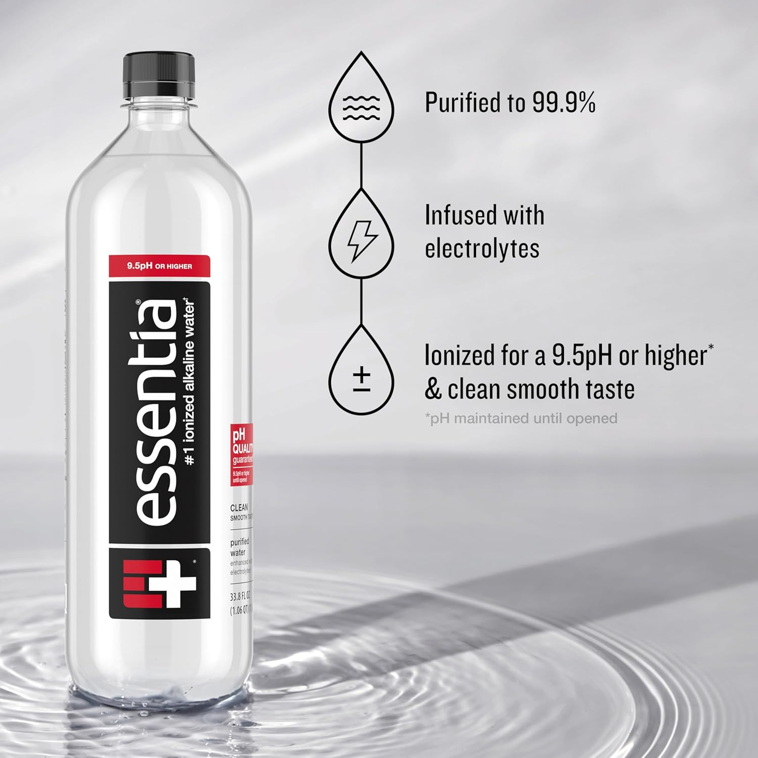 Essentia Water 1L Bottle - 99.9% Pure Ionized Alkaline Water with Electrolytes, pH 9.5+, Smooth Taste