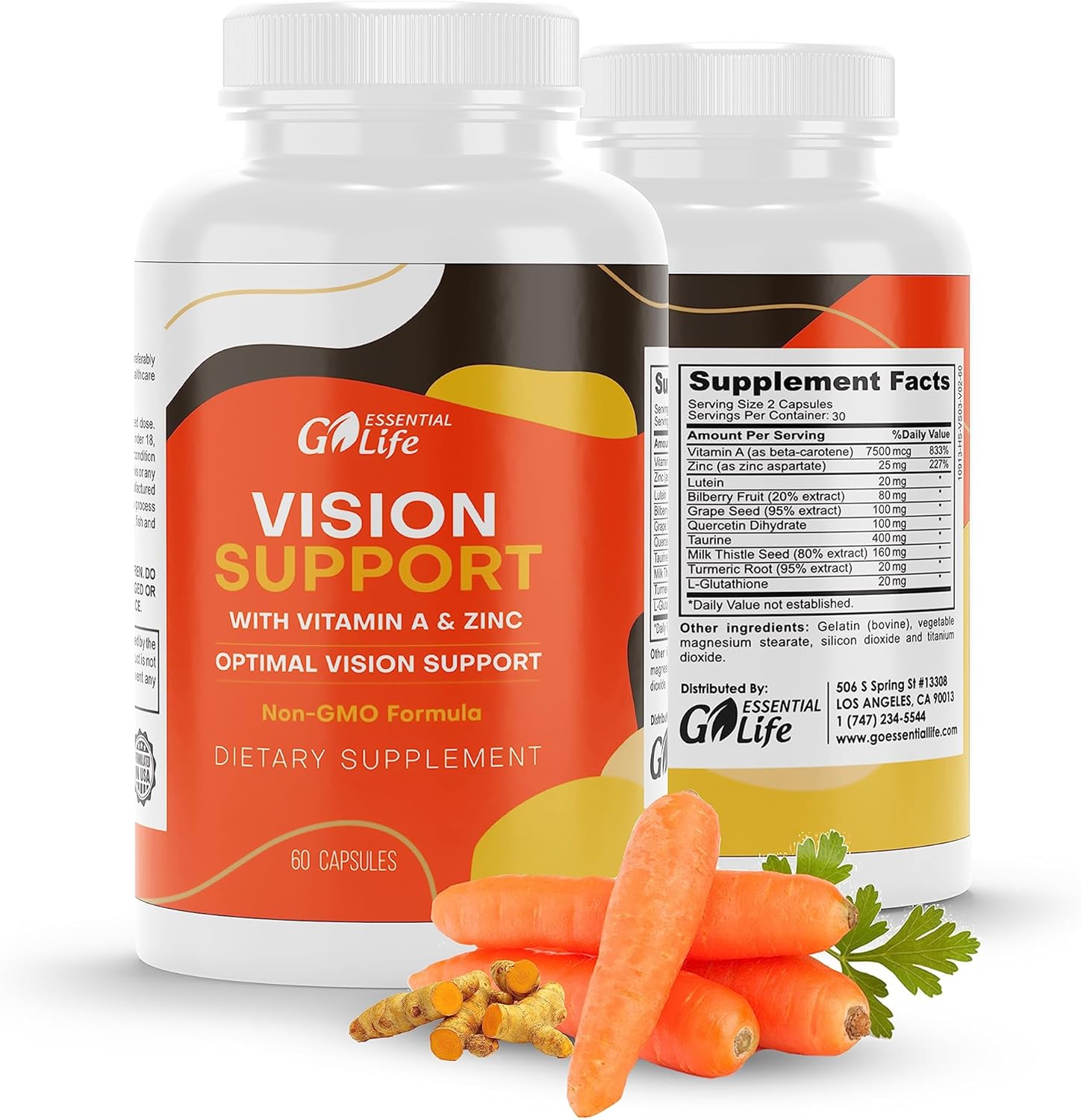 Essential Eye Care Supplement with Zinc, Vitamin A, Bilberry, Turmeric, Grape Seed Extract, and Lutein 20mg - Supports Vision and Eye Health - 60 Capsules