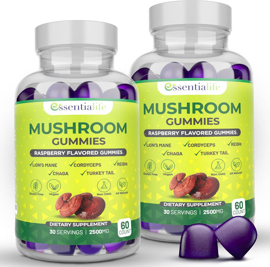 Essentialife Mushroom Gummies with Lions Mane, Turkey Tail, Cordyceps, Reishi, Chaga Extract - Brain Health and Immune Support Gummies, 120 Count