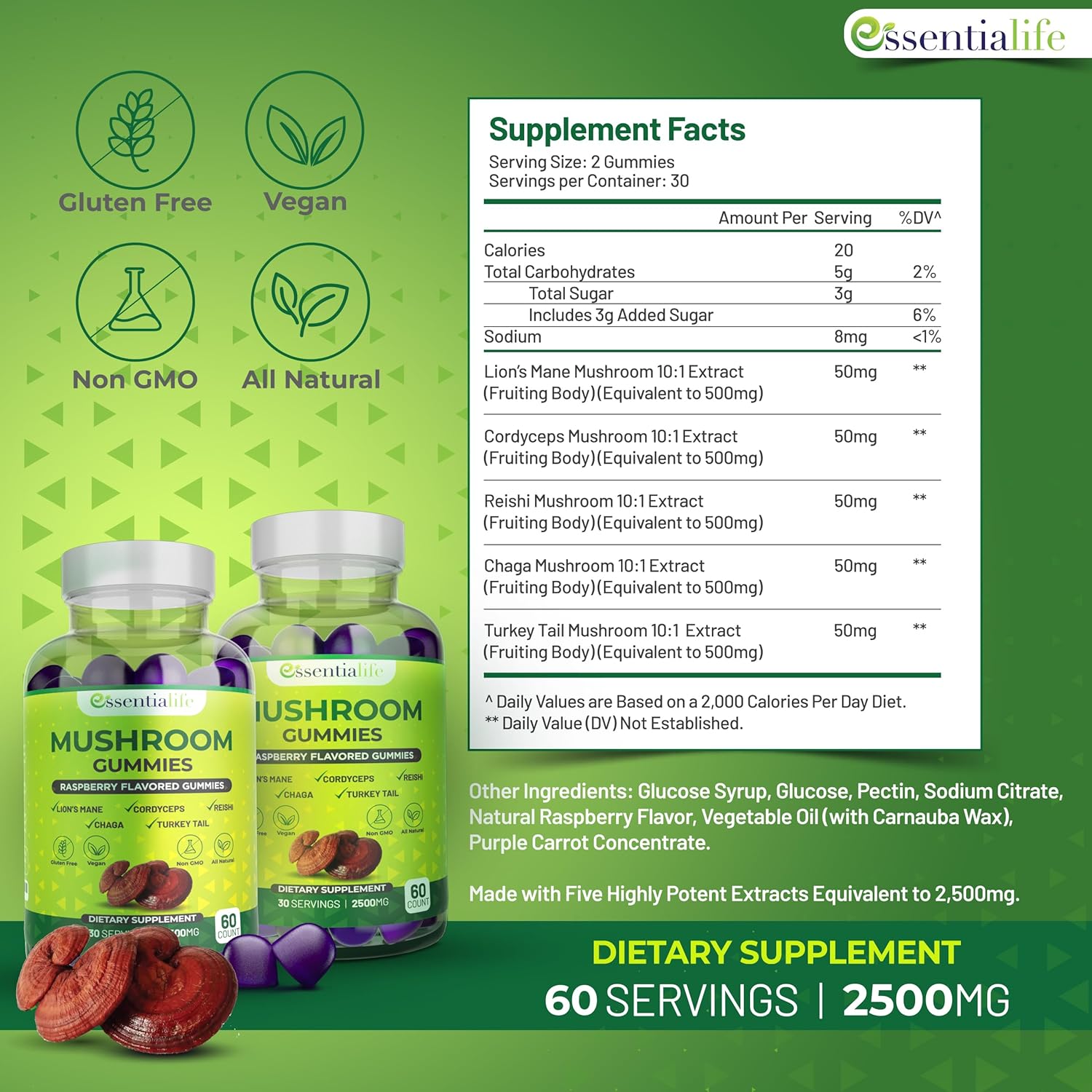 Essentialife Mushroom Gummies with Lions Mane, Turkey Tail, Cordyceps, Reishi, Chaga Extract - Brain Health and Immune Support Gummies, 120 Count