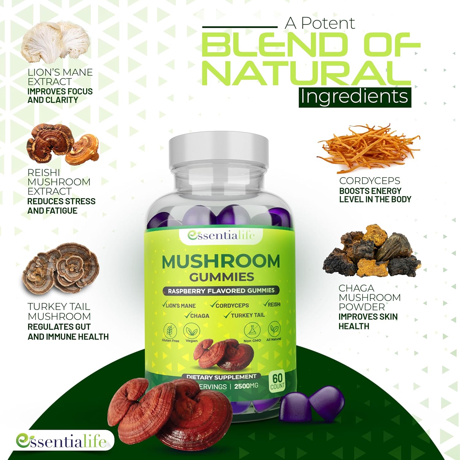 Essentialife Mushroom Gummies with Lions Mane, Turkey Tail, Cordyceps, Reishi, Chaga Extract - Brain Health and Immune Support Gummies, 120 Count