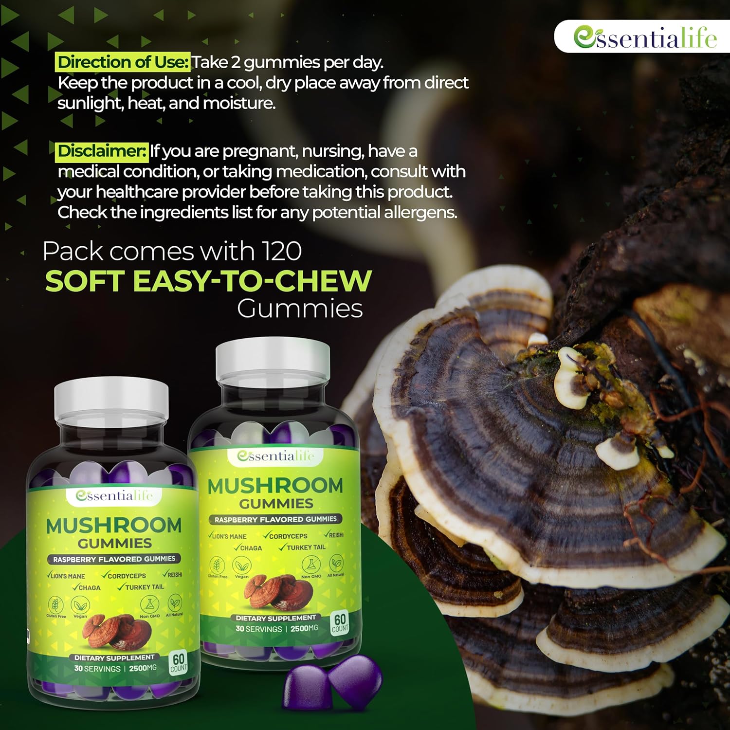 Essentialife Mushroom Gummies with Lions Mane, Turkey Tail, Cordyceps, Reishi, Chaga Extract - Brain Health and Immune Support Gummies, 120 Count