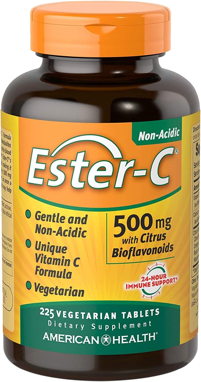Ester-C American Health with Citrus Bioflavonoids Vegetarian Tablets - 24-Hour Immune Support - Non-Acidic Vitamin C - Non-GMO, Gluten-Free, Vegan - 225 Count, 500 mg - Gentle on Stomach