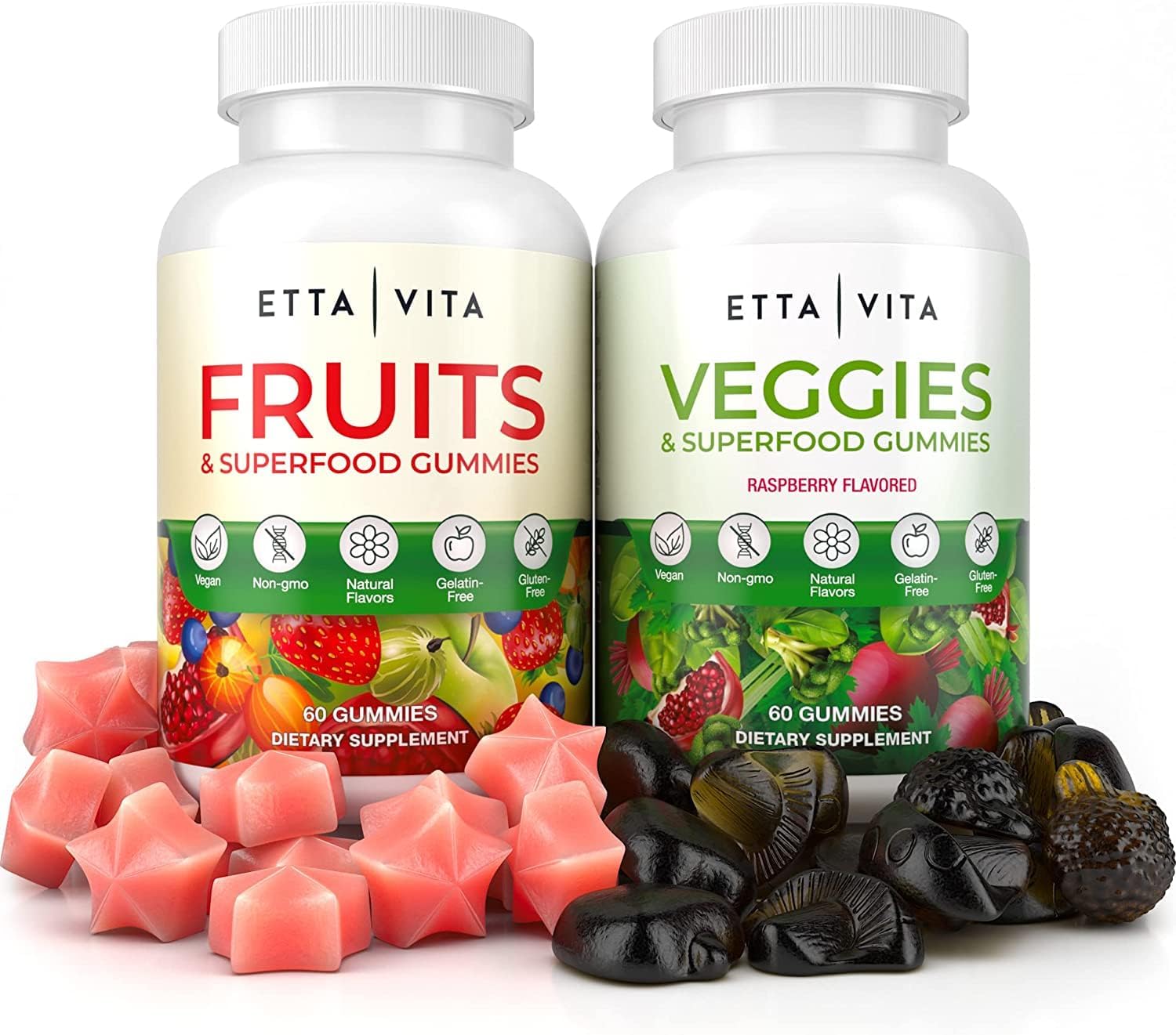 Etta Vita Superfood Fruits and Veggies Gummies - 120 Chews with 9 Superfruits & 30 Veggies, Mushroom Vitamins, Non-GMO, Pectin-Based, Gluten-Free