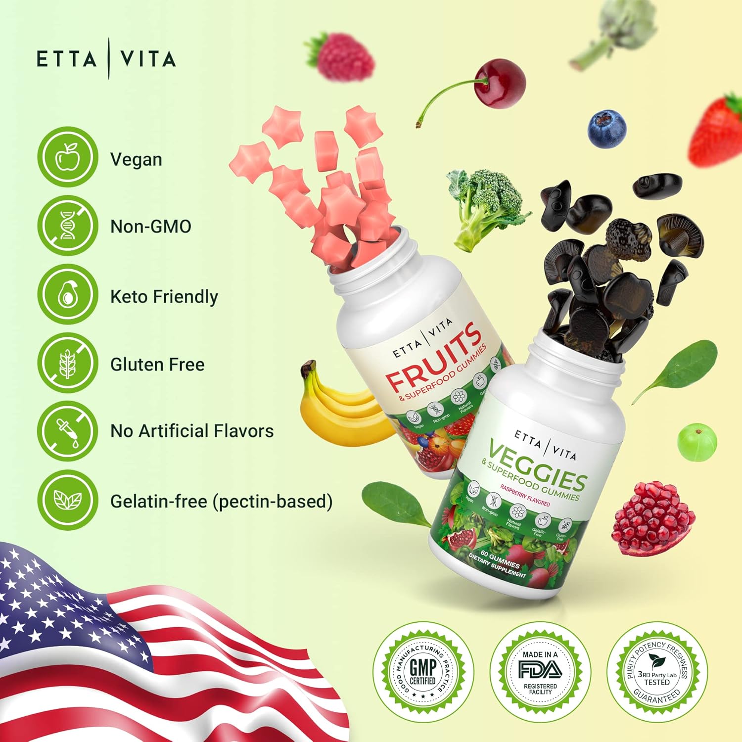 Etta Vita Superfood Fruits and Veggies Gummies - 120 Chews with 9 Superfruits & 30 Veggies, Mushroom Vitamins, Non-GMO, Pectin-Based, Gluten-Free