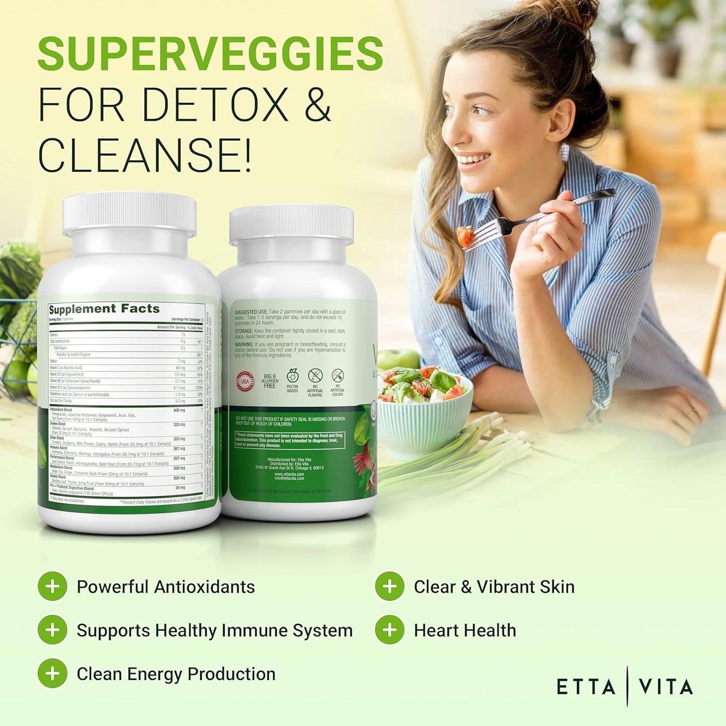 Etta Vita Superfood Fruits and Veggies Gummies - 120 Chews with 9 Superfruits & 30 Veggies, Mushroom Vitamins, Non-GMO, Pectin-Based, Gluten-Free