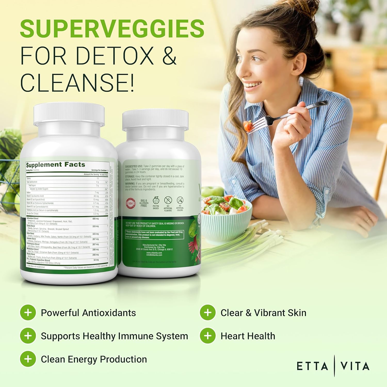 Etta Vita Superfood Fruits and Veggies Gummies - 120 Chews with 9 Superfruits & 30 Veggies, Mushroom Vitamins, Non-GMO, Pectin-Based, Gluten-Free