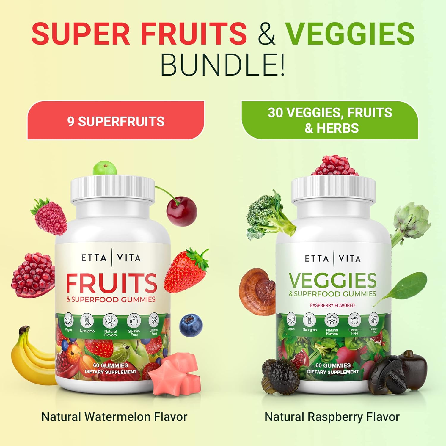 Etta Vita Superfood Fruits and Veggies Gummies - 120 Chews with 9 Superfruits & 30 Veggies, Mushroom Vitamins, Non-GMO, Pectin-Based, Gluten-Free