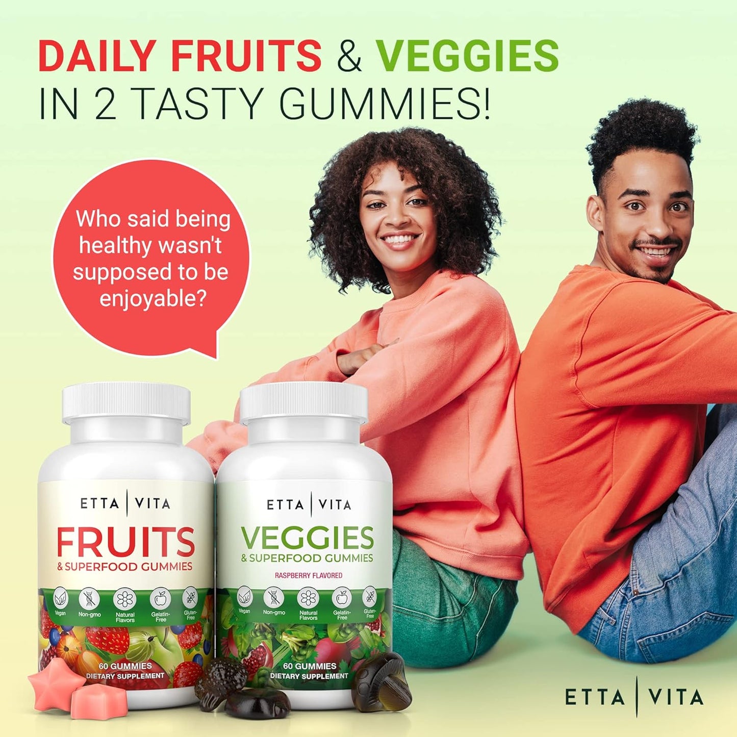 Etta Vita Superfood Fruits and Veggies Gummies - 120 Chews with 9 Superfruits & 30 Veggies, Mushroom Vitamins, Non-GMO, Pectin-Based, Gluten-Free