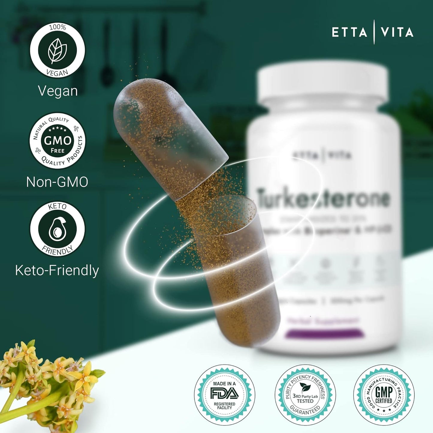 Etta Vita Turkesterone Supplement - Potent 2X Pure Formula for Energy, Muscle Growth, and Stamina - Vegan, Made in USA, 3rd Party Tested (60ct)