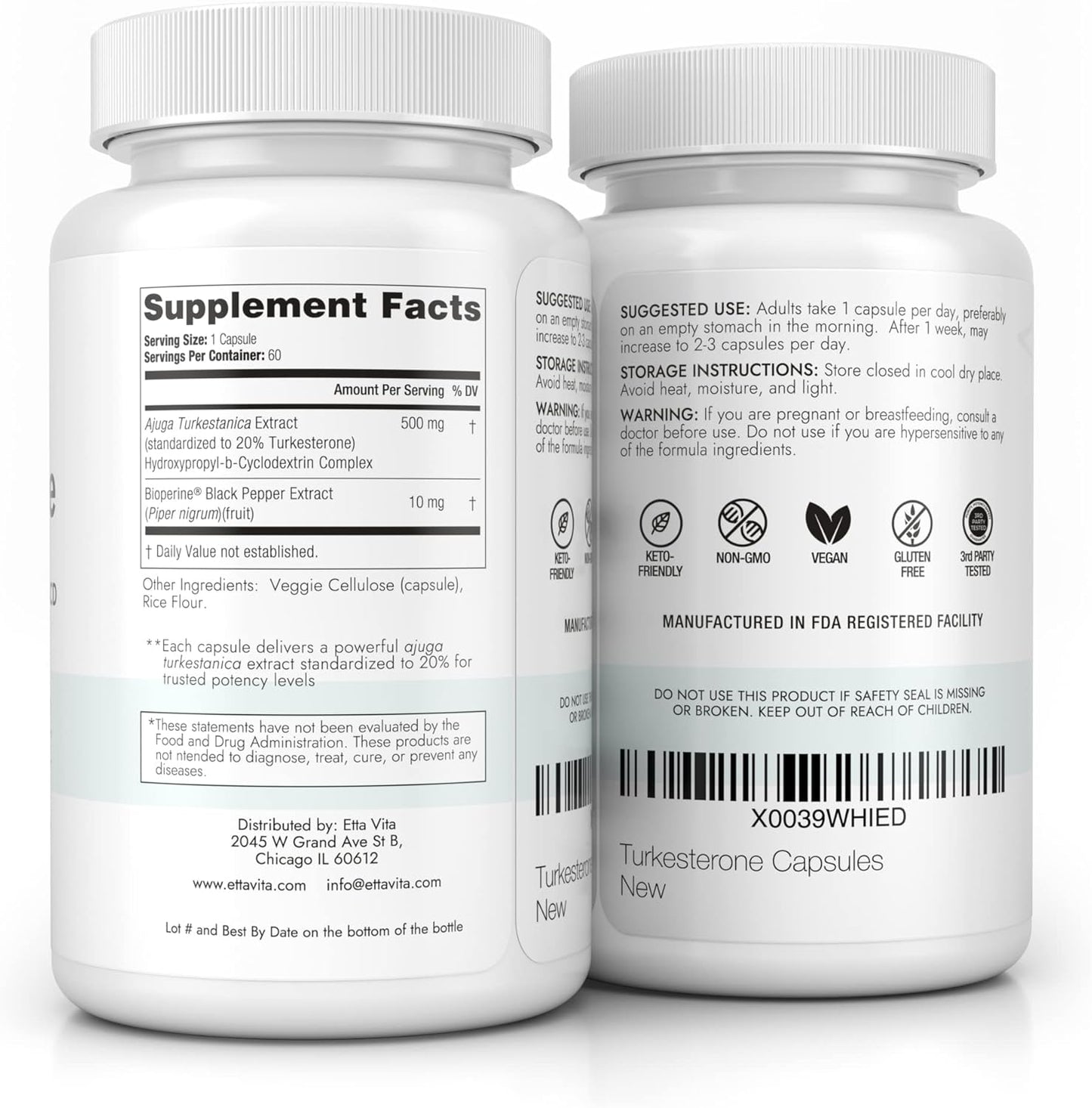 Etta Vita Turkesterone Supplement - Potent 2X Pure Formula for Energy, Muscle Growth, and Stamina - Vegan, Made in USA, 3rd Party Tested (60ct)