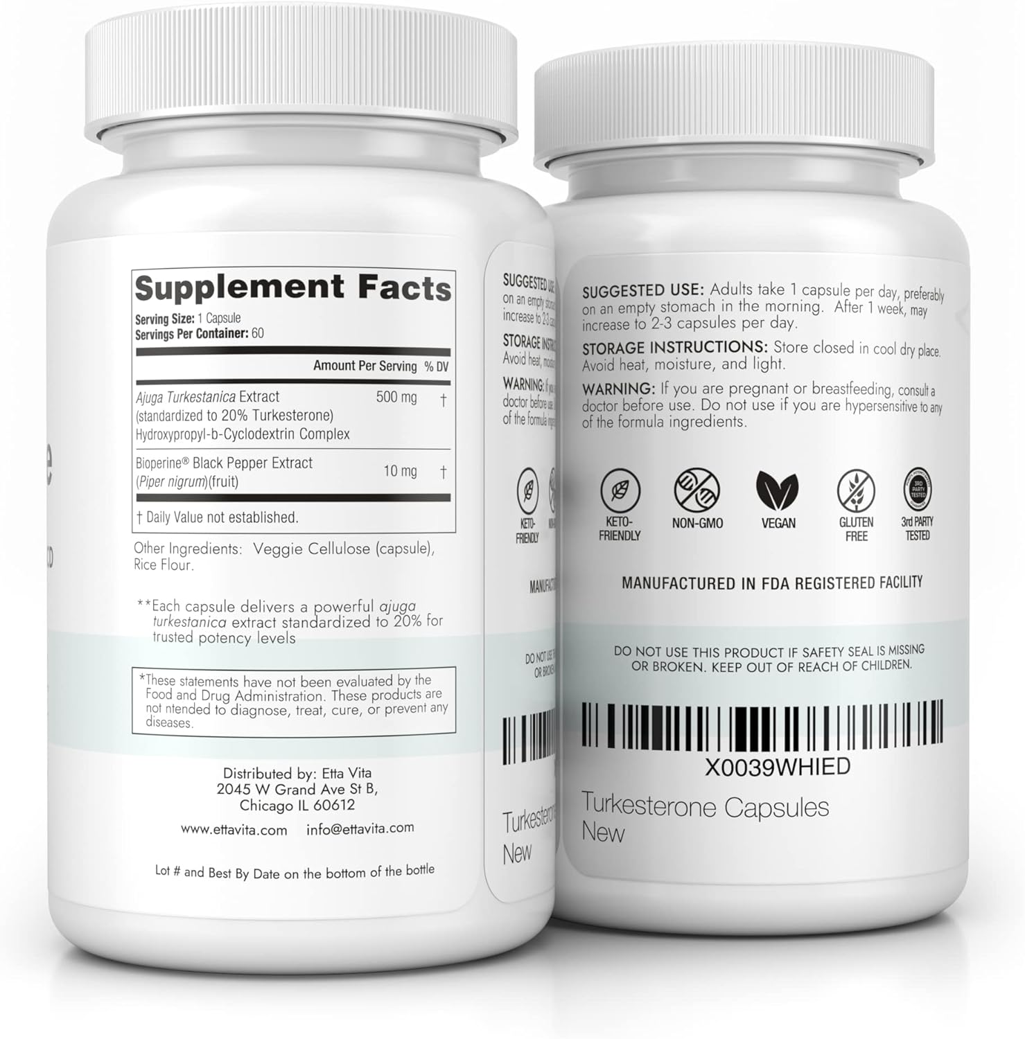 Etta Vita Turkesterone Supplement - Potent 2X Pure Formula for Energy, Muscle Growth, and Stamina - Vegan, Made in USA, 3rd Party Tested (60ct)