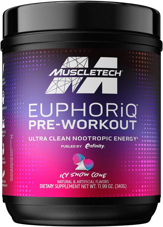 EuphoriQ PreWorkout Powder by MuscleTech - Smart Caffeine Metabolite Fuel for Men & Women - ICY Snow Cone Flavor - 20 Servings