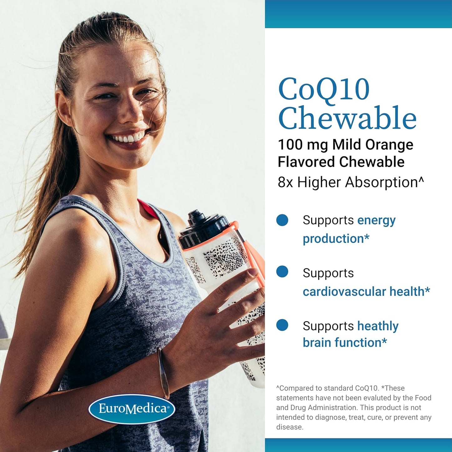 Euromedica CoQ10 Chewable Tablets - 100mg, 30 Count - 8X Better Absorption - Energy, Antioxidant, Cognitive Support - Vegan - 30 Servings