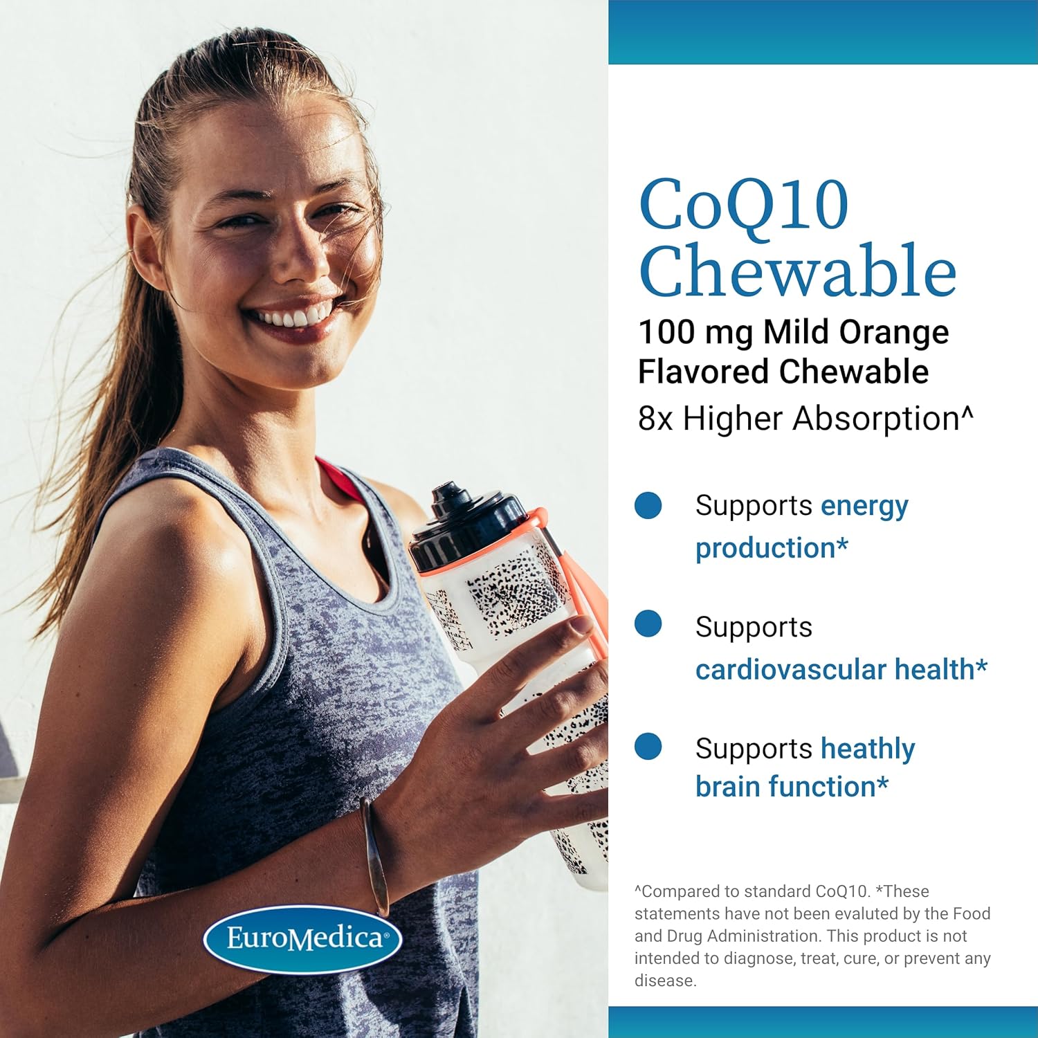 Euromedica CoQ10 Chewable Tablets - 100mg, 30 Count - 8X Better Absorption - Energy, Antioxidant, Cognitive Support - Vegan - 30 Servings