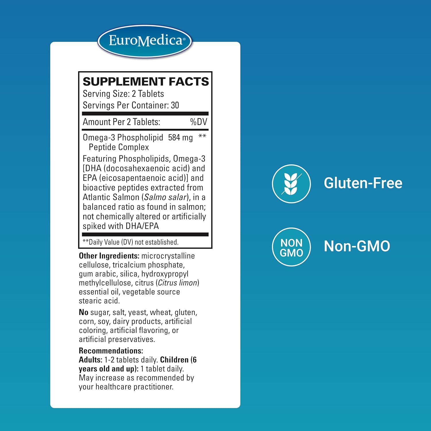 Euromedica EurOmega-3 Tablets - High-Quality Omega-3 with Phospholipids & Peptides - Enhanced Absorption - Exclusive Salmon Source - 30-Day Supply