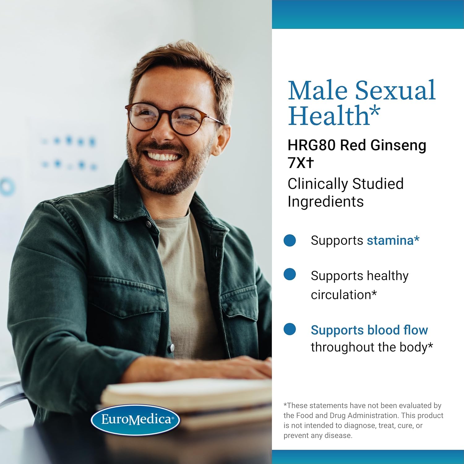 Euromedica Male Sexual Health Supplement with Korean Red Ginseng - Supports Healthy Blood Flow, Energy, and Circulation - 48 Capsules for Men