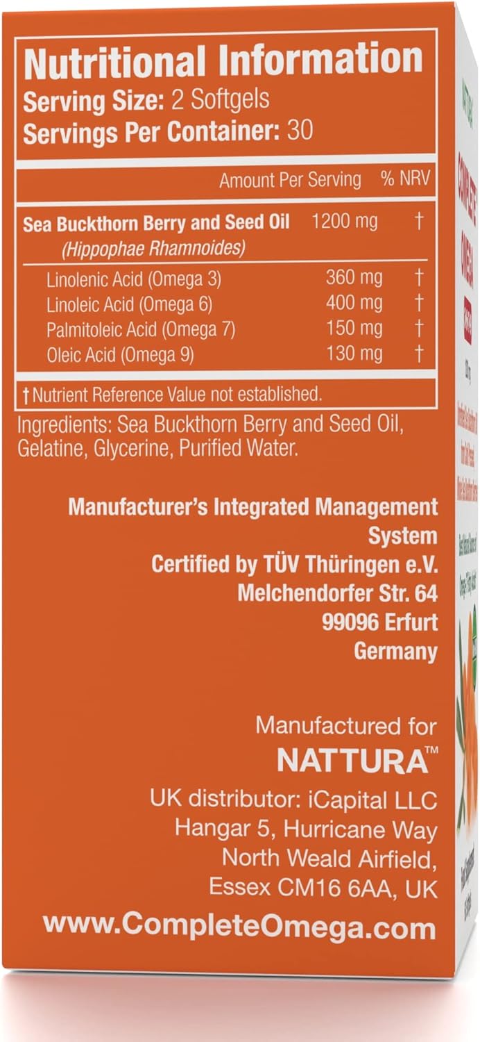 European Quality Nattura Complete Omega 3-6-7-9 Sea Buckthorn Oil Capsules - Non-GMO, Certified Kosher, Gluten-Free - Cold Pressed from Whole Berries