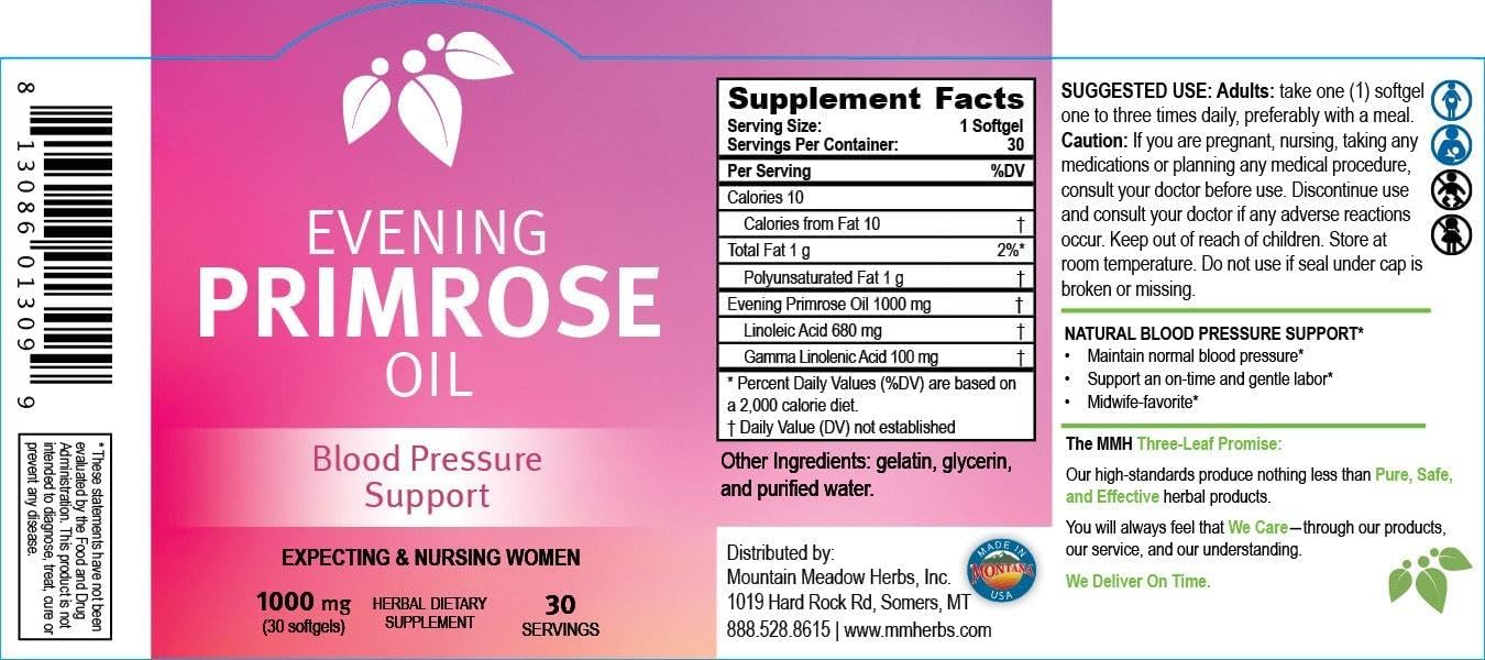 Evening Primrose Oil Capsules for Women: Natural Support for Skin Health with Omega-6 Fatty Acids, Gluten-Free, 1000mg (30ct)