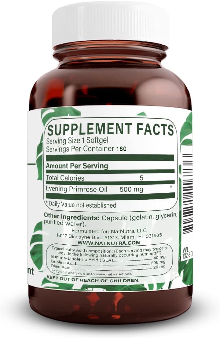 Evening Primrose Oil Supplement for Pain Relief, Nerve & Heart Health, Skin Clarity - 500mg, 180 Softgels
