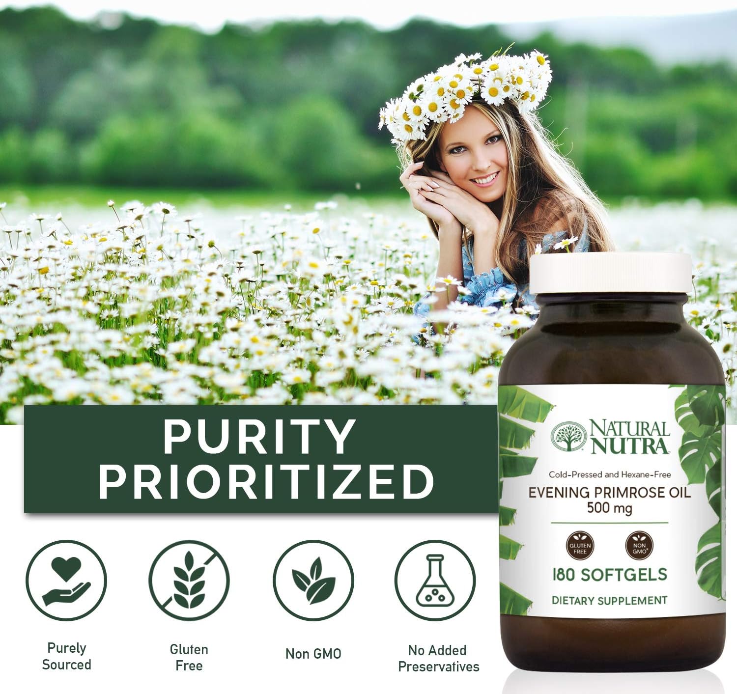 Evening Primrose Oil Supplement for Pain Relief, Nerve & Heart Health, Skin Clarity - 500mg, 180 Softgels