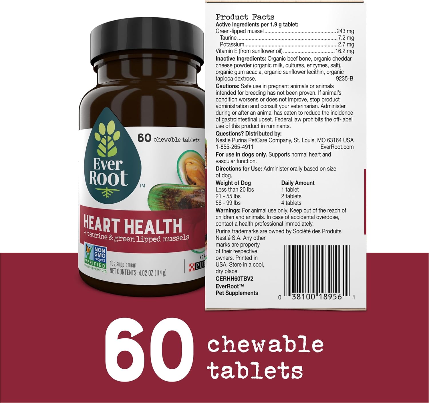 EverRoot Dog Heart Health Chewable Tablets with Taurine and Green-Lipped Mussels - 4.02 oz. Canister