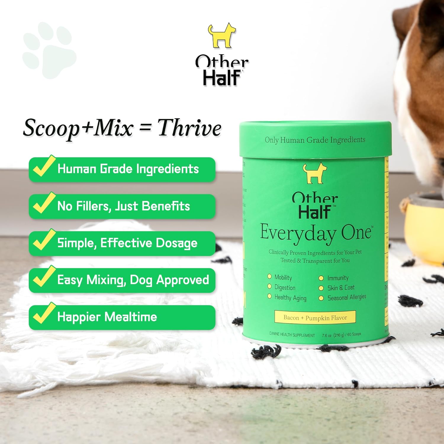 Everyday One Clean Dog Multivitamin - Joint, Gut, Allergy, Immune, Urinary Tract Support - Glucosamine, Chondroitin, Omega 3, Probiotics - 45 Active Ingredients