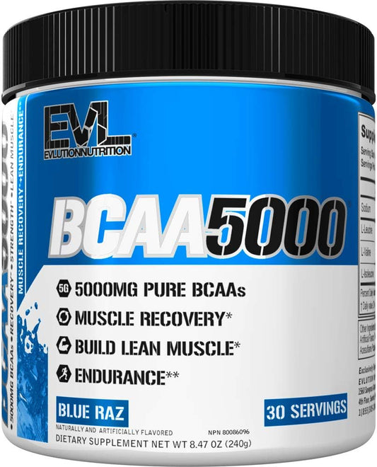 EVL BCAAs Amino Acids Powder - Post Workout Recovery Drink with 5g BCAAs for Men - Blue Raz Flavor