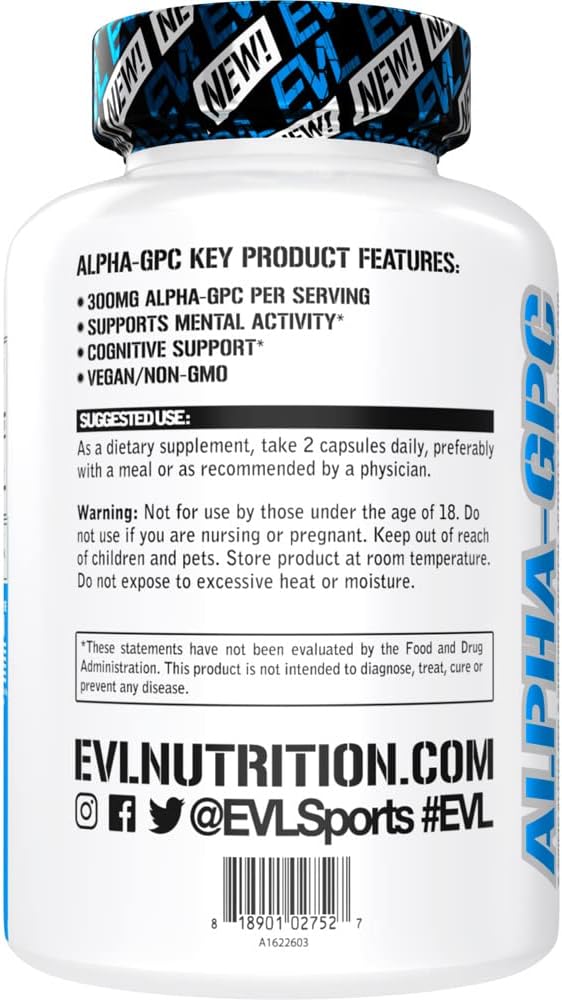 EVL Nootropic Alpha GPC Choline Supplement - Boost Memory and Focus with 600mg Alpha GPC Nootropics Brain Support - Mood Enhancer and Acetylcholine Precursor - EVL Nutrition Formula