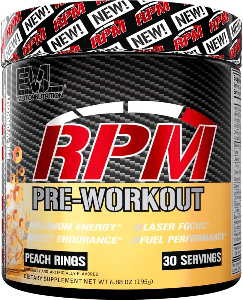 EVL RPM Energy Pre Workout Powder for Enhanced Performance and Focus - Peach Rings Flavor