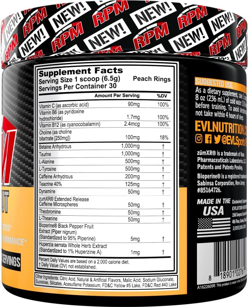 EVL RPM Energy Pre Workout Powder for Enhanced Performance and Focus - Peach Rings Flavor