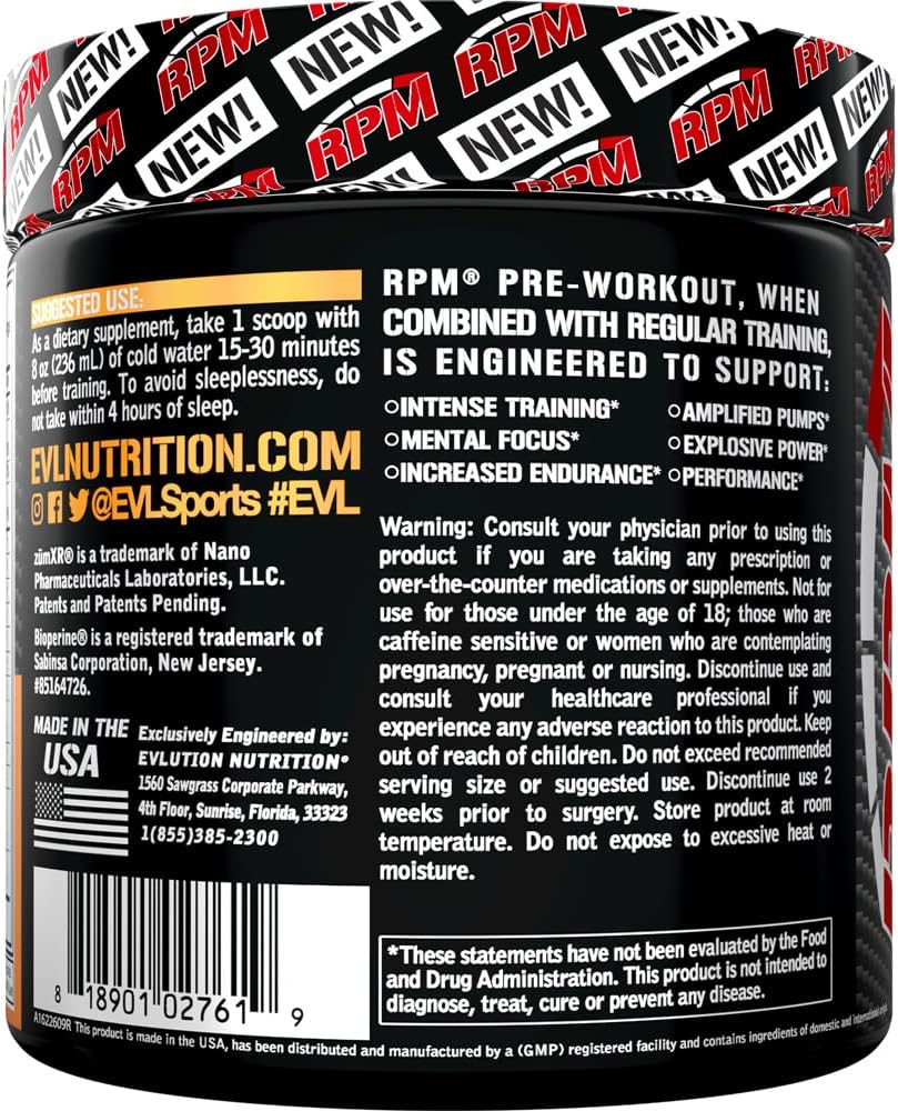 EVL RPM Energy Pre Workout Powder for Enhanced Performance and Focus - Peach Rings Flavor