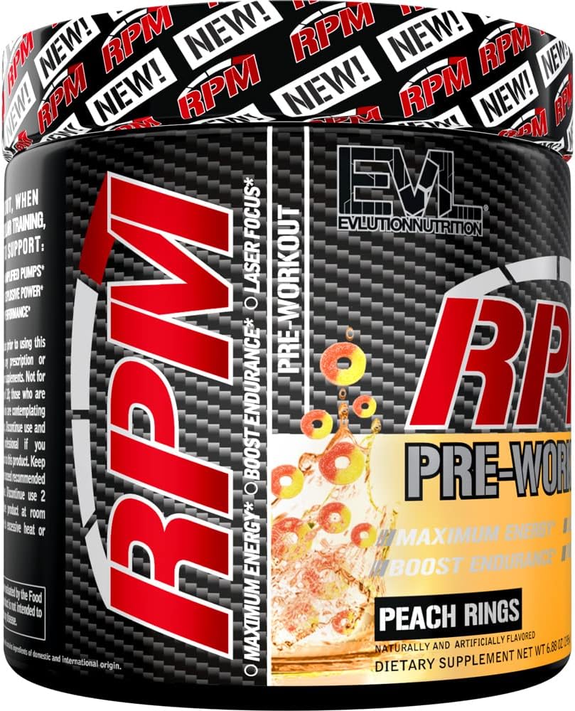 EVL RPM Energy Pre Workout Powder for Enhanced Performance and Focus - Peach Rings Flavor
