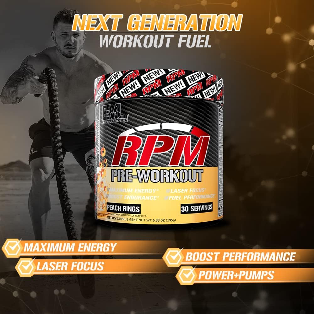 EVL RPM Energy Pre Workout Powder for Enhanced Performance and Focus - Peach Rings Flavor