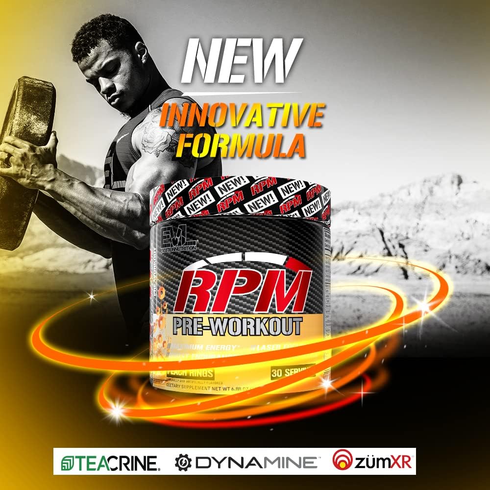 EVL RPM Energy Pre Workout Powder for Enhanced Performance and Focus - Peach Rings Flavor